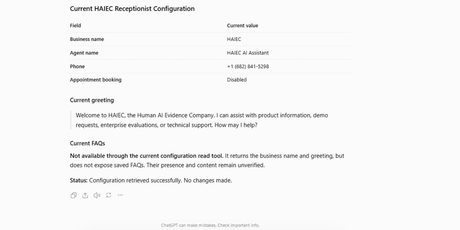 ChatGPT showing a live readback of the saved receptionist configuration — business name, agent name, greeting and status